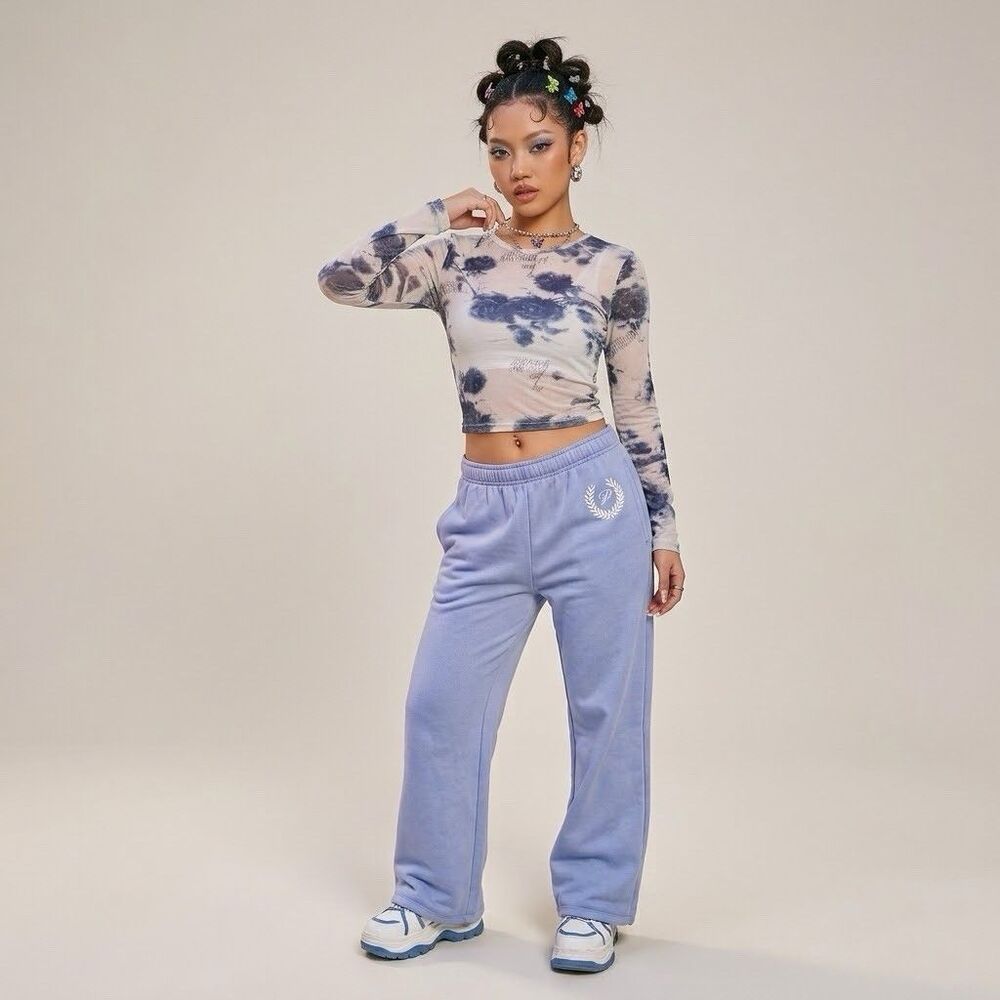 VS PINK Washed Blue Wide Leg Flare Sweatpants Laurel Crest Logo L Y2K Coquette